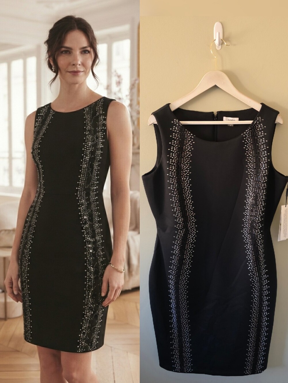NWT Calvin Klein 14 Sunburst Rhinestone Sleeveless Scuba Dress Cocktail Feminine